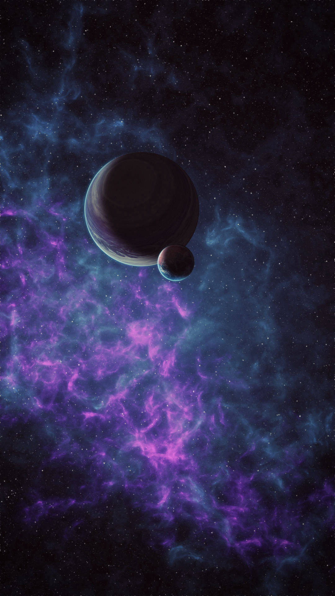 兩顆行星在充滿星星的鮮豔紫色和藍色星雲中運行。