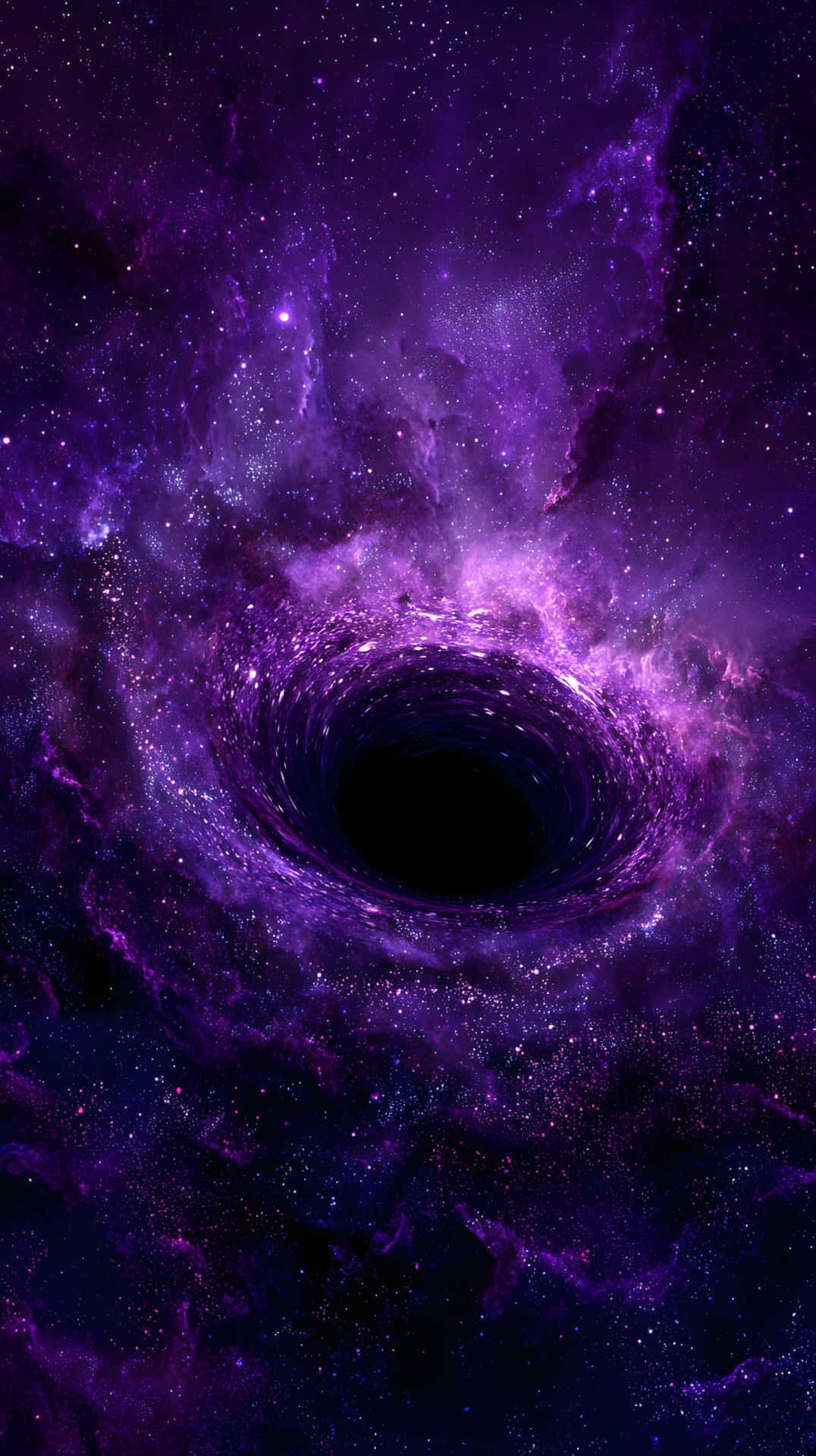 在深空中，一個紫色星雲圍繞著一個黑洞旋轉。
