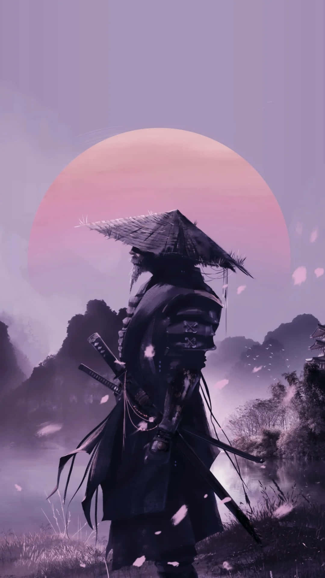 身穿暗色盔甲的武士戰士站在霧氣瀰漫的山谷中，櫻花飄落的粉紅色夕陽下。