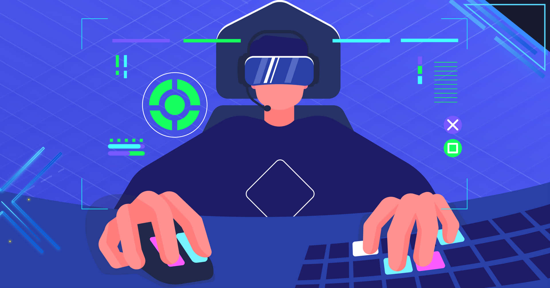 戴著VR頭戴式顯示器的人用發光控制器玩電子遊戲。