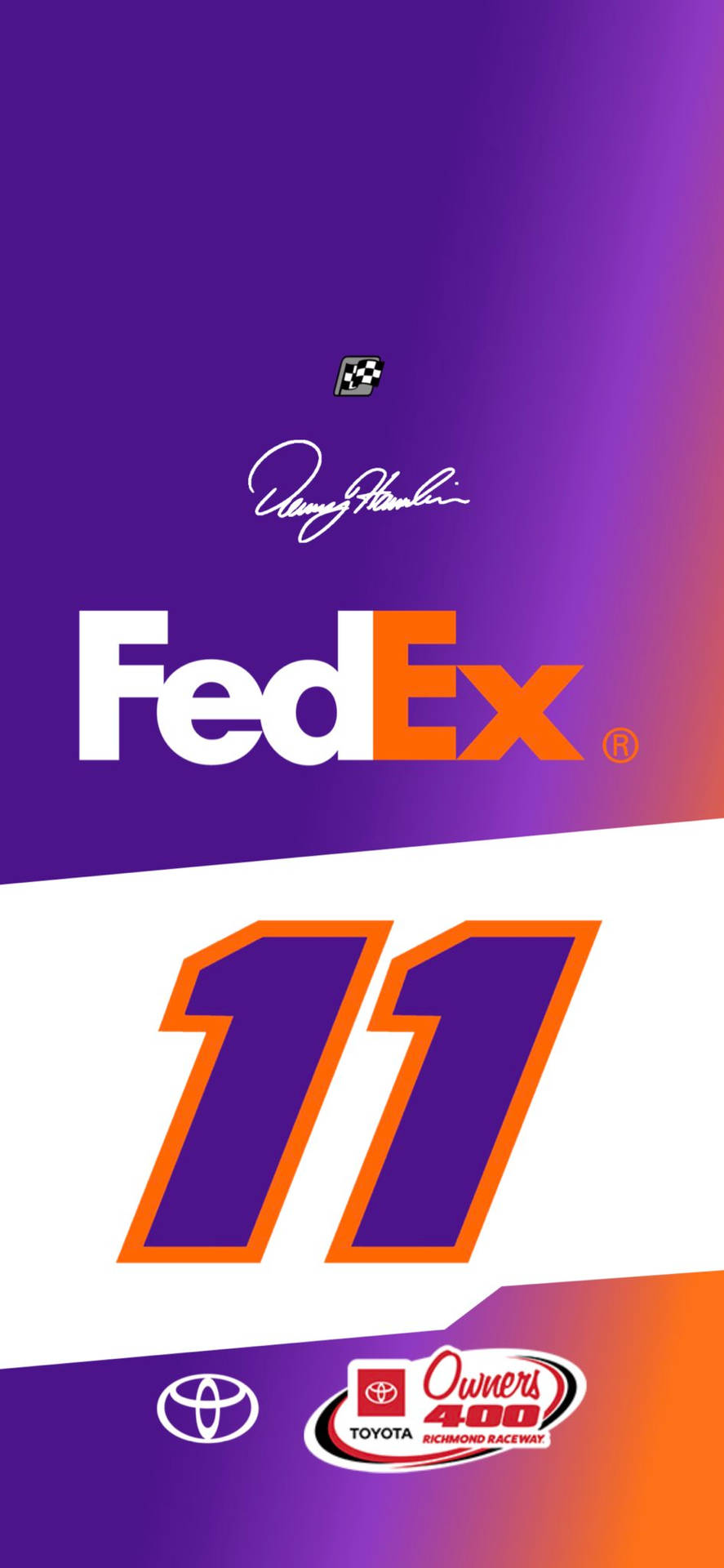 漸變背景上的 FedEx 11 賽車號碼、Denny Hamlin 簽名和 Toyota Owners 400 標誌。