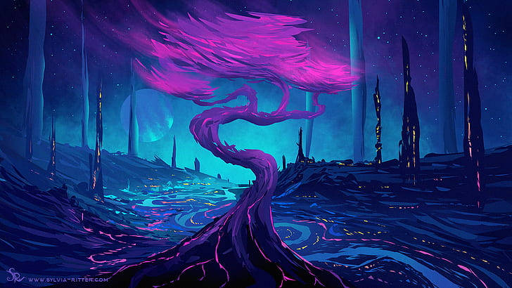 在星空夜空下，神秘的外星景觀中一棵發光的紫色樹。