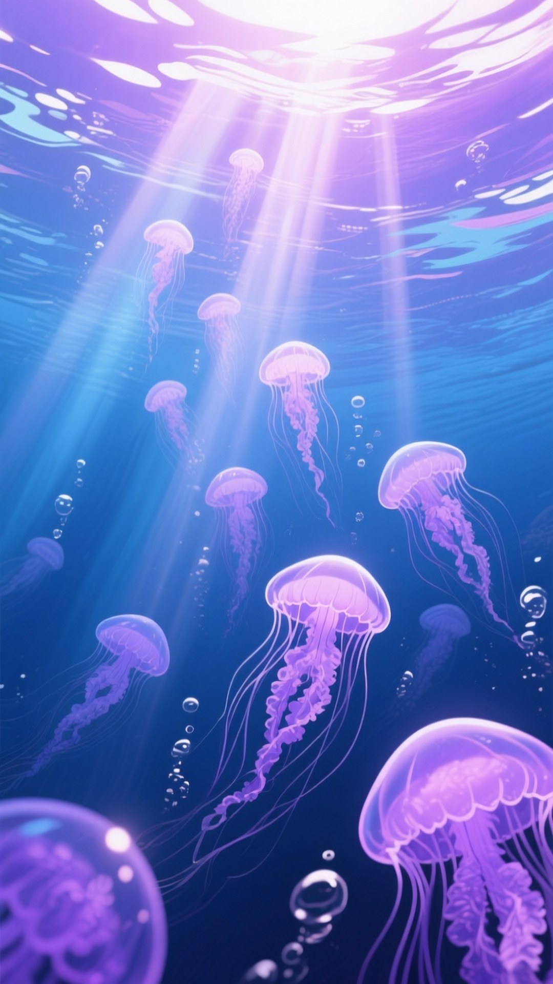 紫色水母在藍色海洋中漂浮，陽光穿過水面