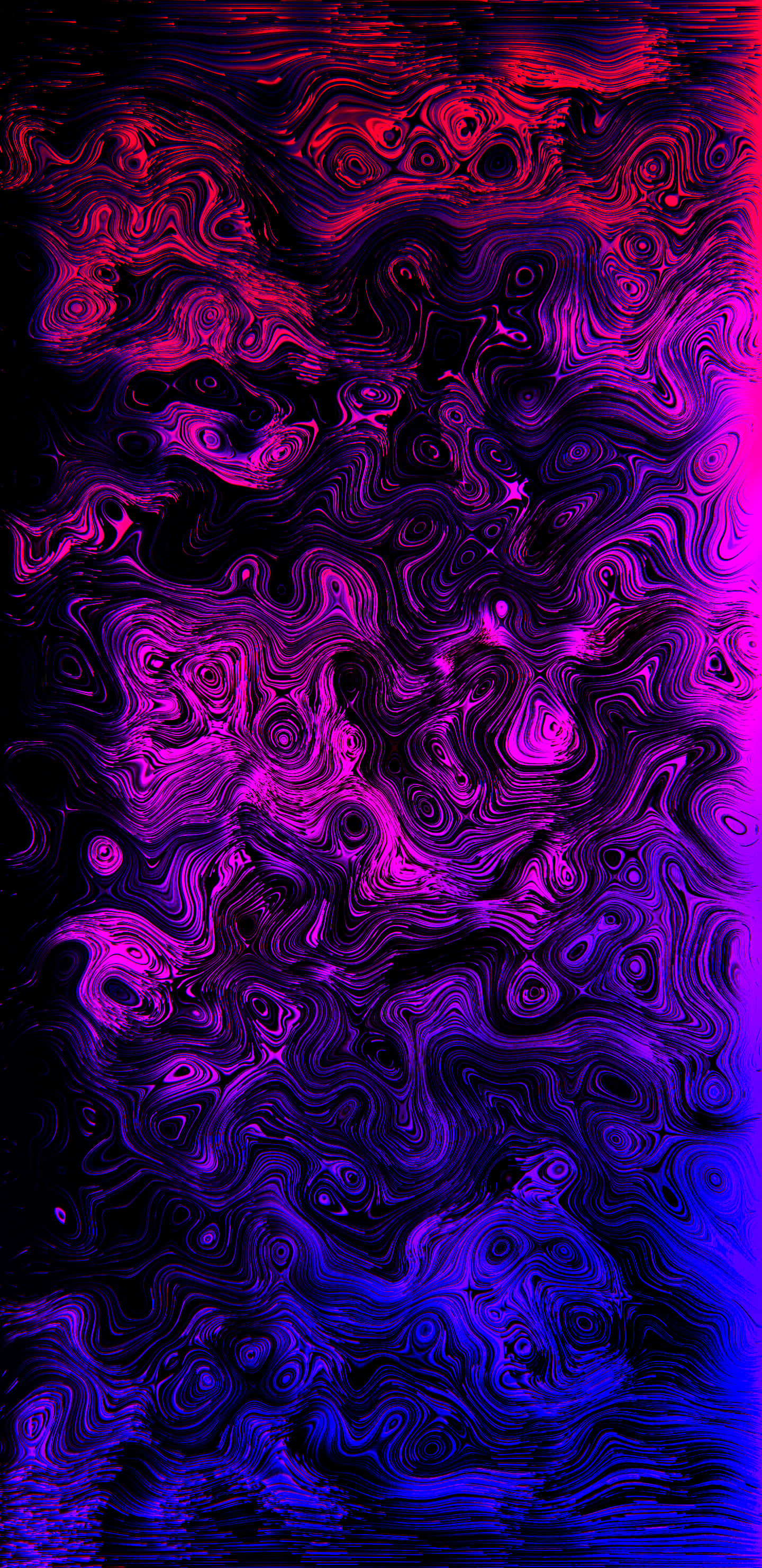 紫色油漸層 OLED 高畫質背景 壁紙 — 在深邃的黑色宇宙虛空中，洋紅色和電光藍色的鮮豔旋轉星雲。