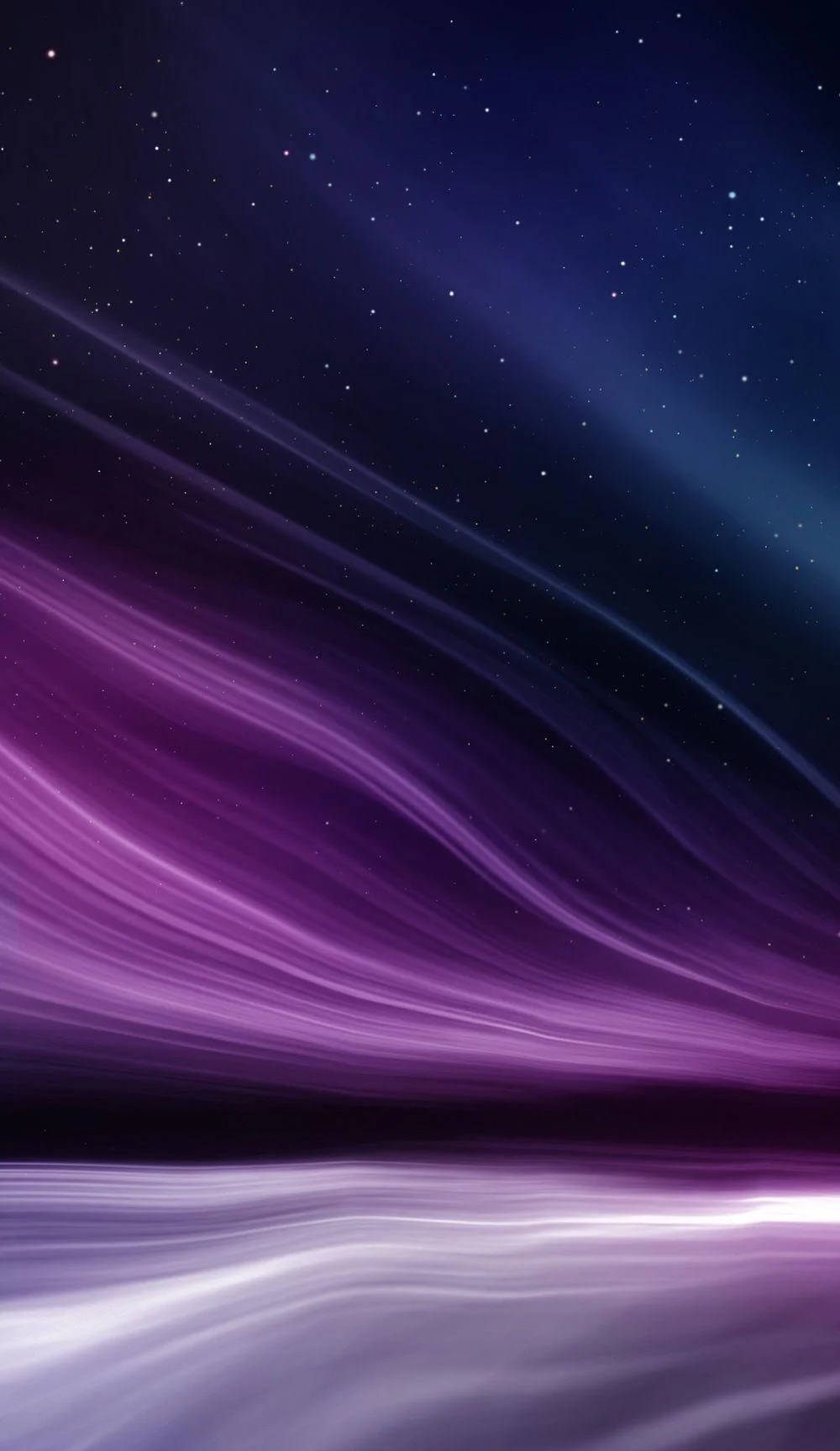 紫色極光在閃爍的地平線下的星空夜空中舞動。