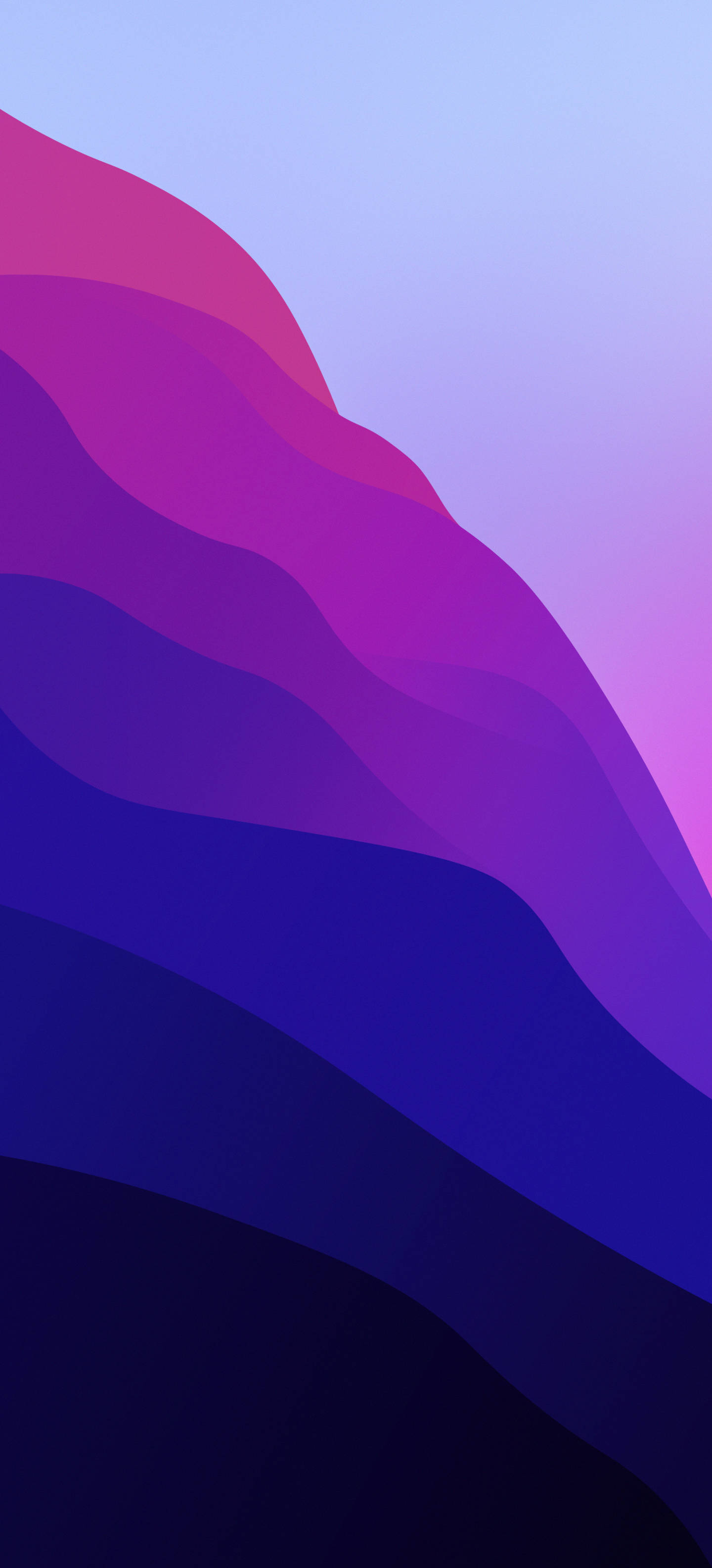 紫色波浪藝術 macOS Monterey 壁紙 — 紫色、粉紅色和藍色的平滑流動漸變，營造出寧靜的抽象數位藝術作品。