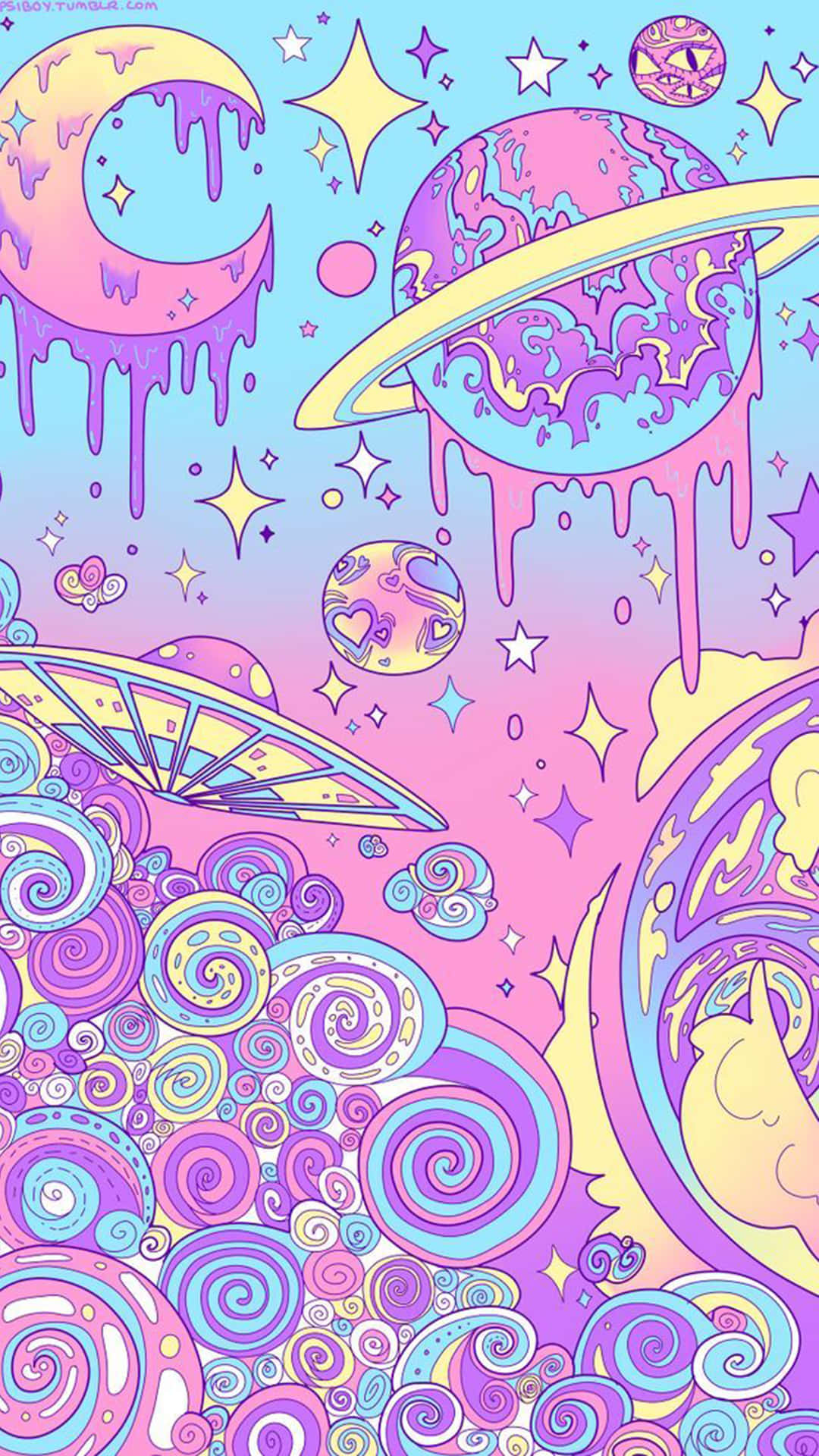 紫色液體流淌的天體與飛碟 壁紙 — 迷幻宇宙場景，帶有融化中的行星、星星和螺旋，採用粉彩粉紅、紫色和藍色色調。