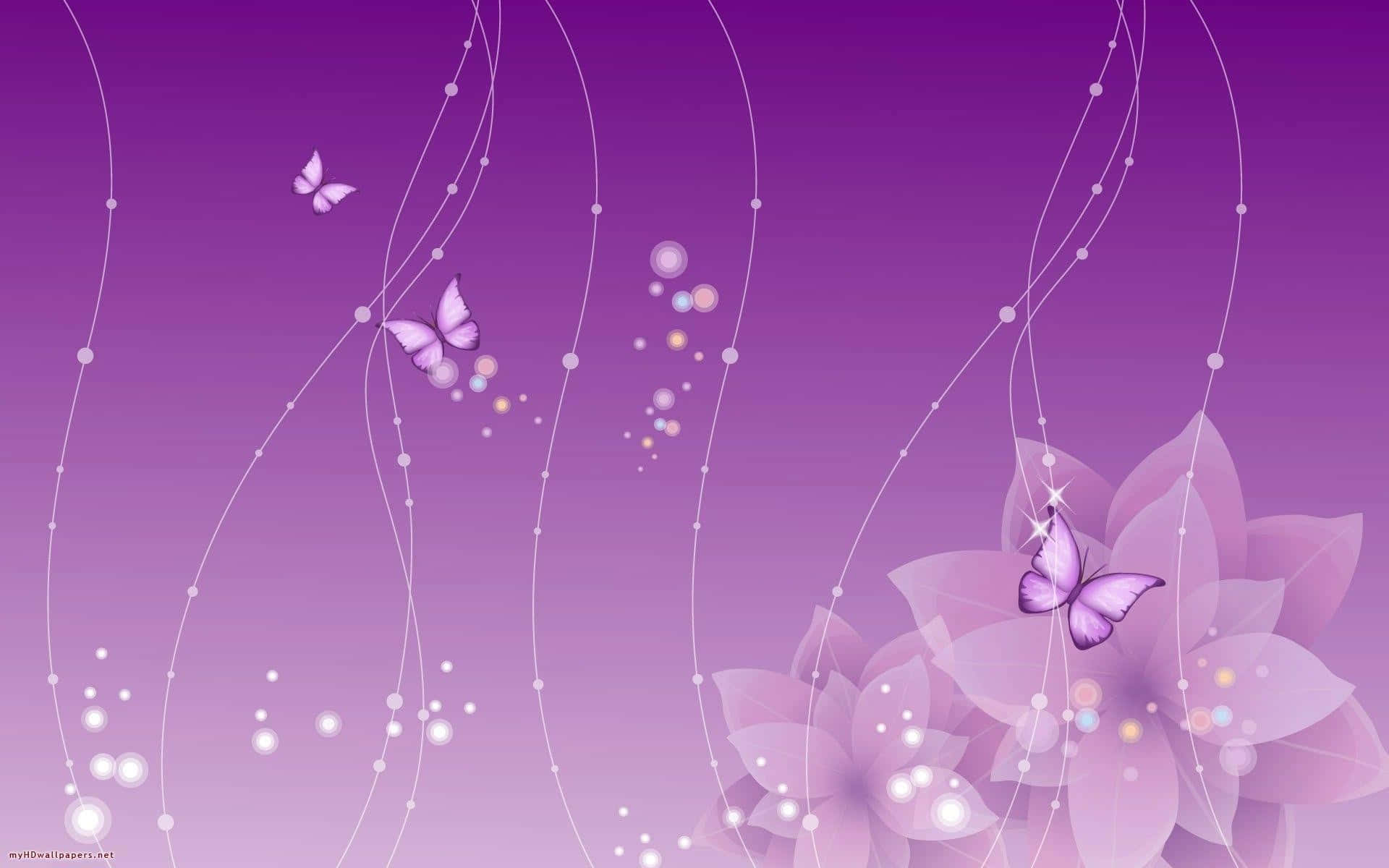 3d Girly 桌布 壁紙 — 紫色漸變背景，帶有漂浮的蝴蝶和由虛線連接的發光花卉元素。