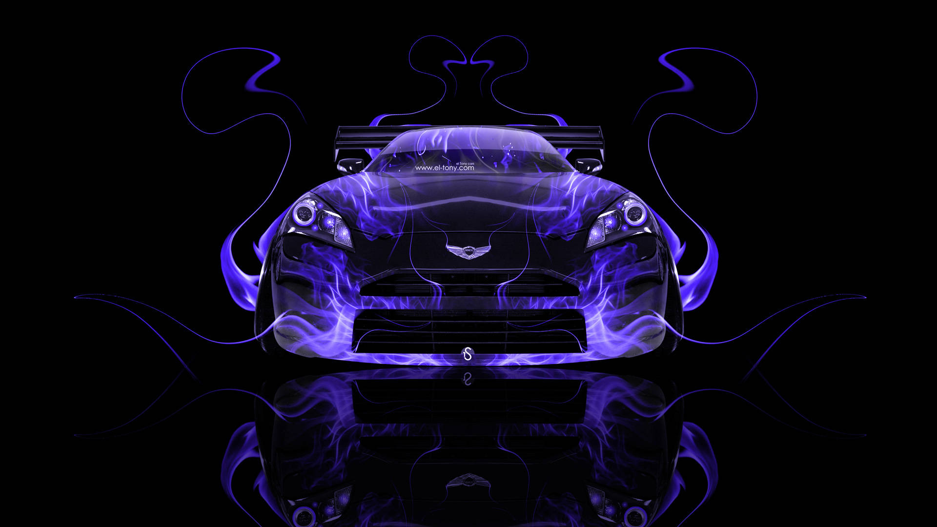 紫色火焰裝飾的現代豪華汽車Hyundai Genesis 壁紙 — 一輛時尚的黑色跑車在帶有反光表面的深色背景上發出充滿活力的紫色火焰。