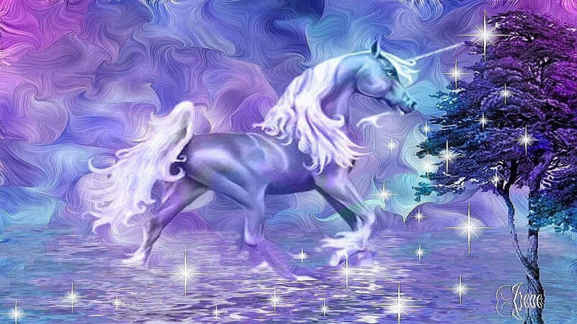 一頭發光的獨角獸穿過星光閃爍的魔法森林，有紫色的樹木。