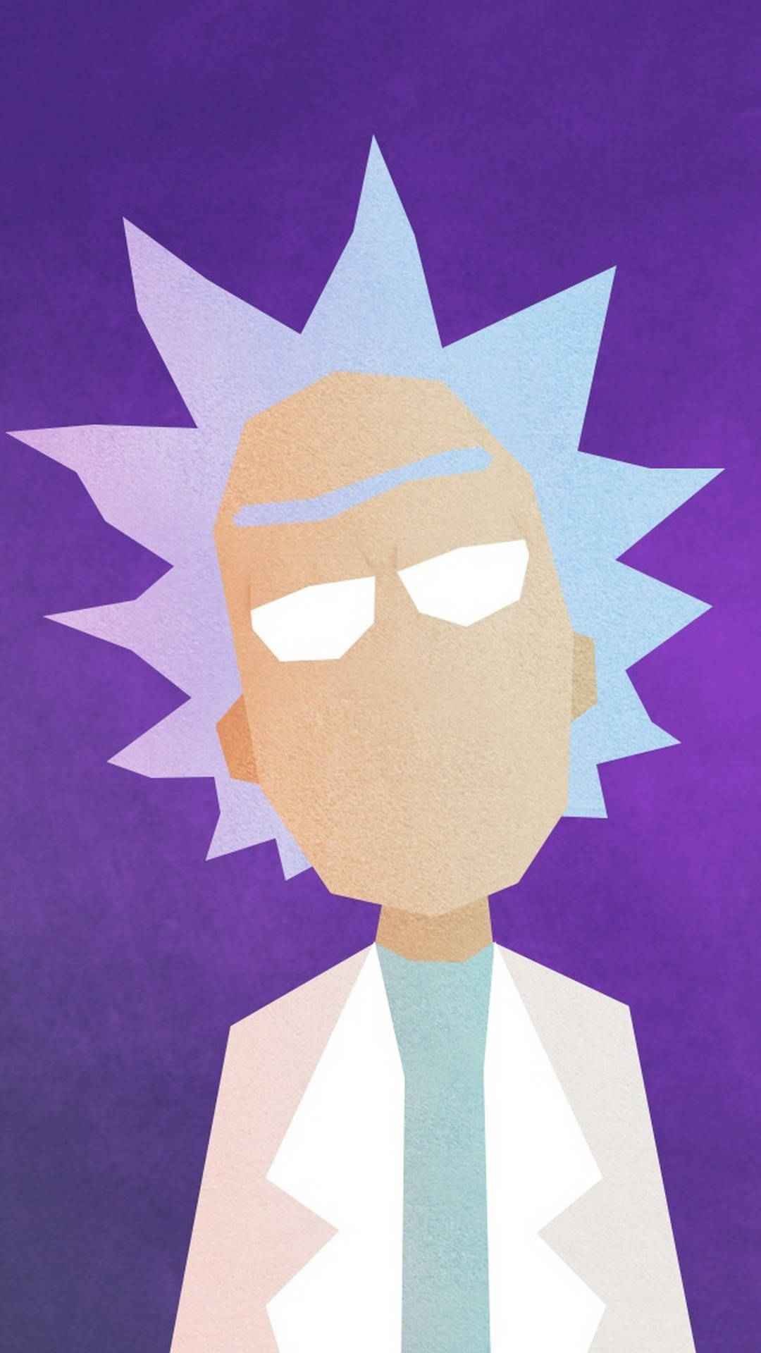 Rick Sanchez 穿著白色實驗室外套，擁有尖刺的藍色頭髮，背景為紫色。