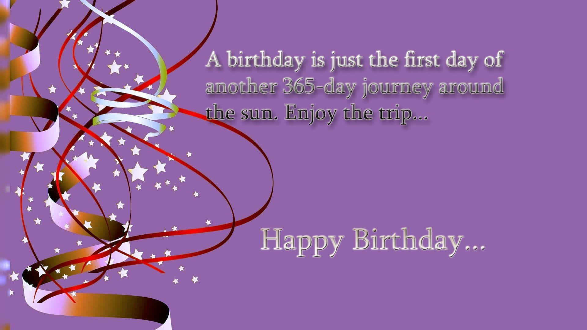 Birthday Wishes 桌布 壁紙 — 紫色生日卡，帶有旋轉絲帶、星星和慶祝繞太陽又一年的文字。
