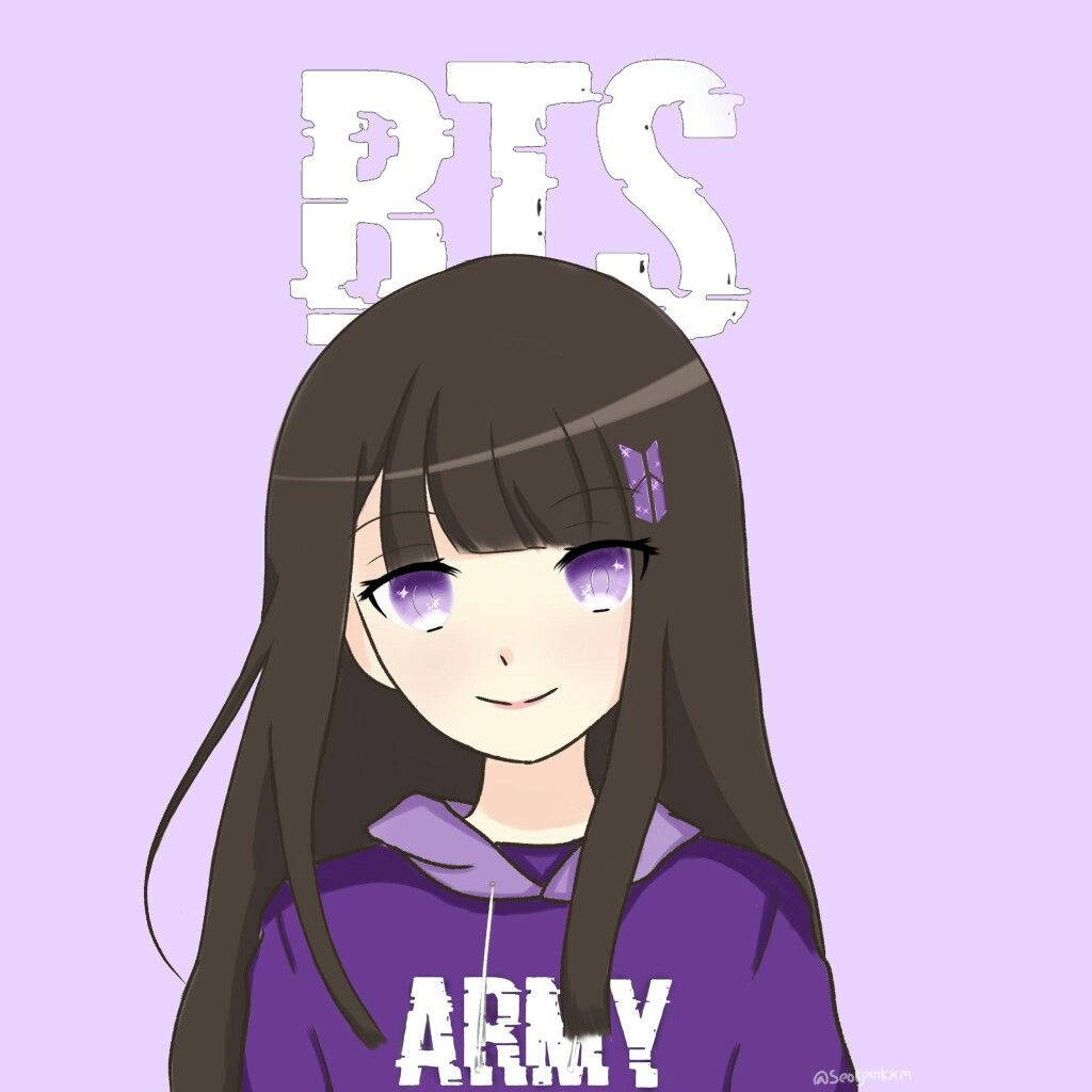 穿著紫色連帽衫的動漫女孩，帶有BTS和ARMY文字，在薰衣草背景上微笑。