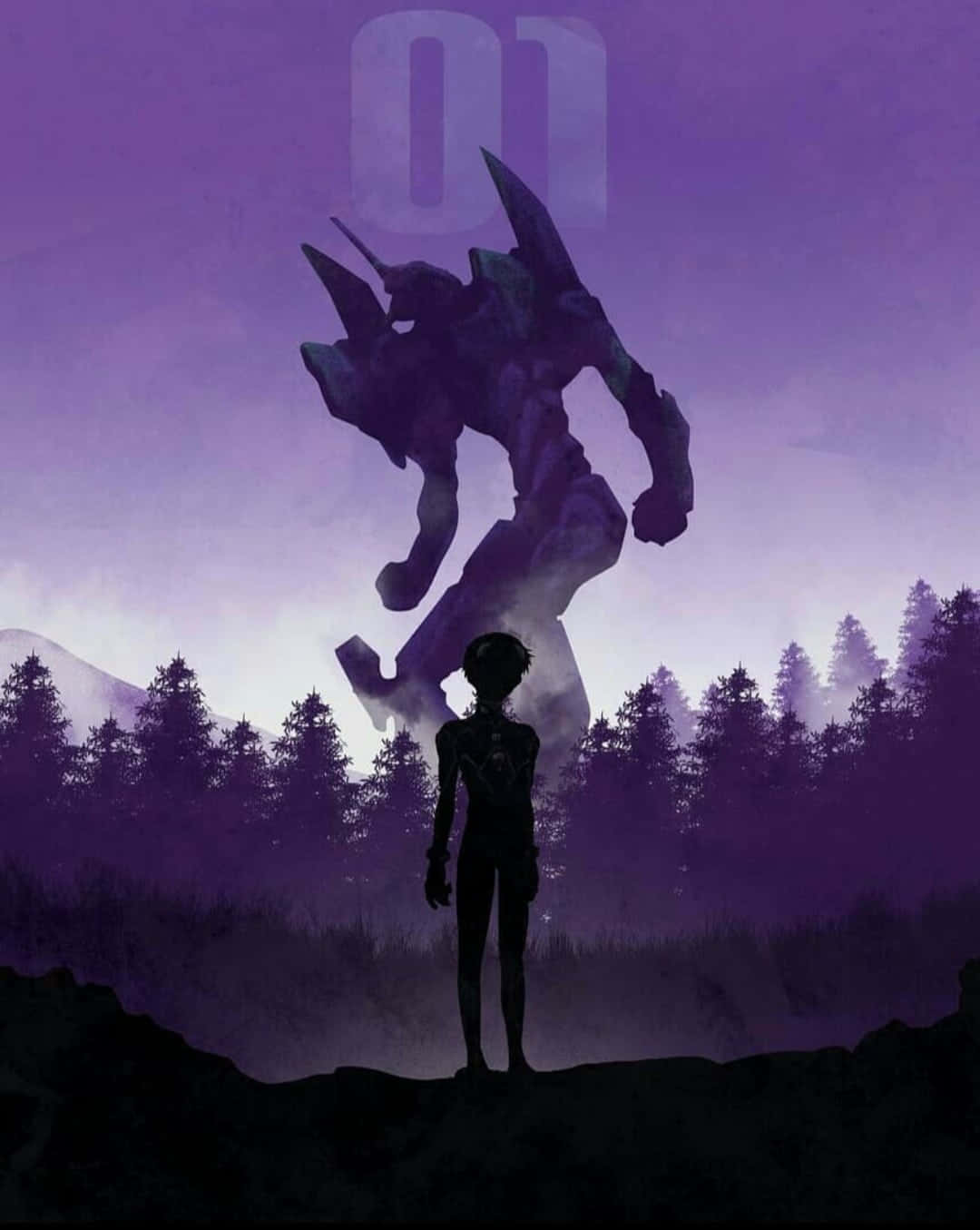 一個人的剪影在紫色的暮色森林中面對巨大的 Evangelion 機械人。