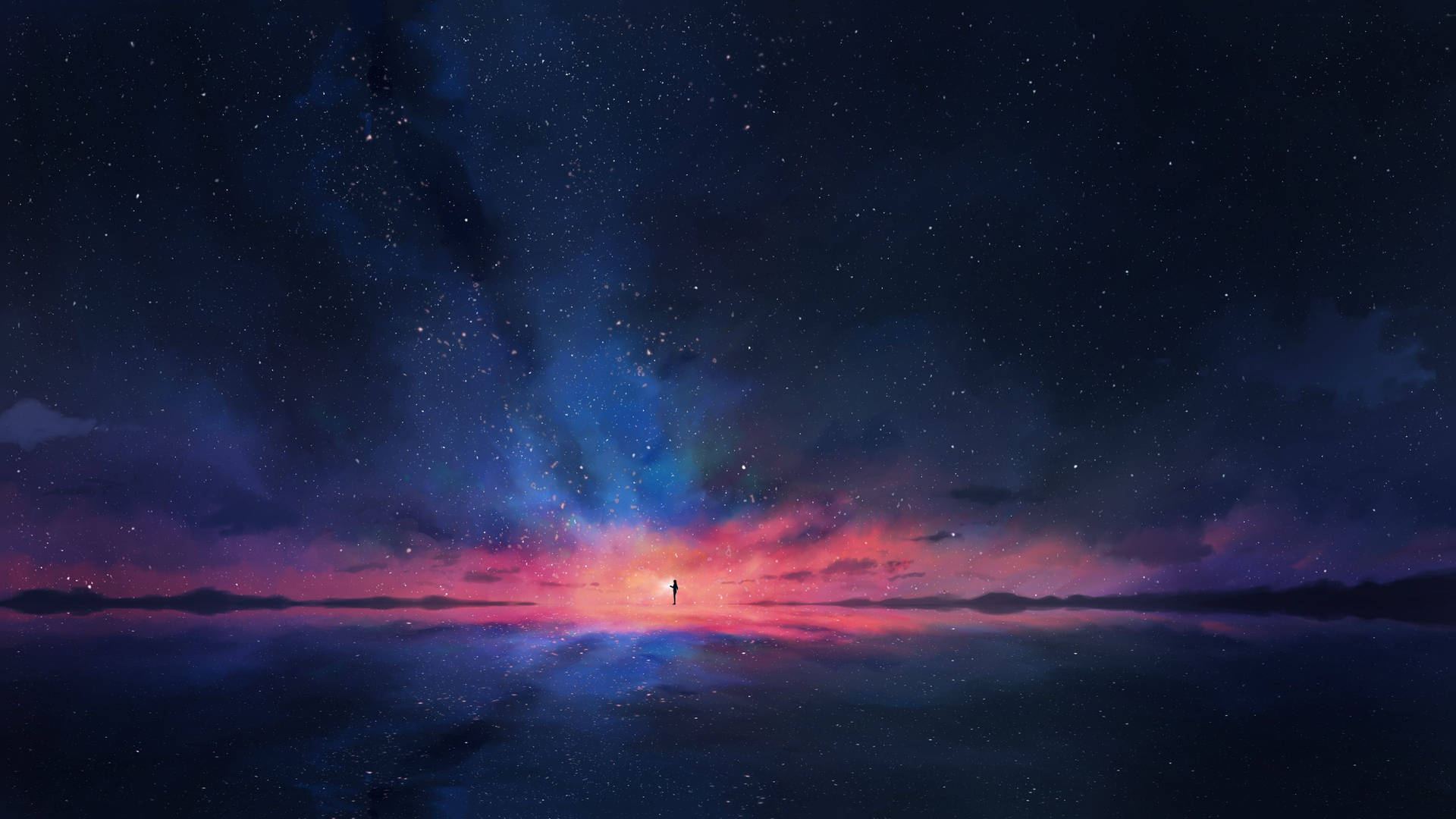 一個孤獨的人站在星空宇宙地平線前，倒映在水中。