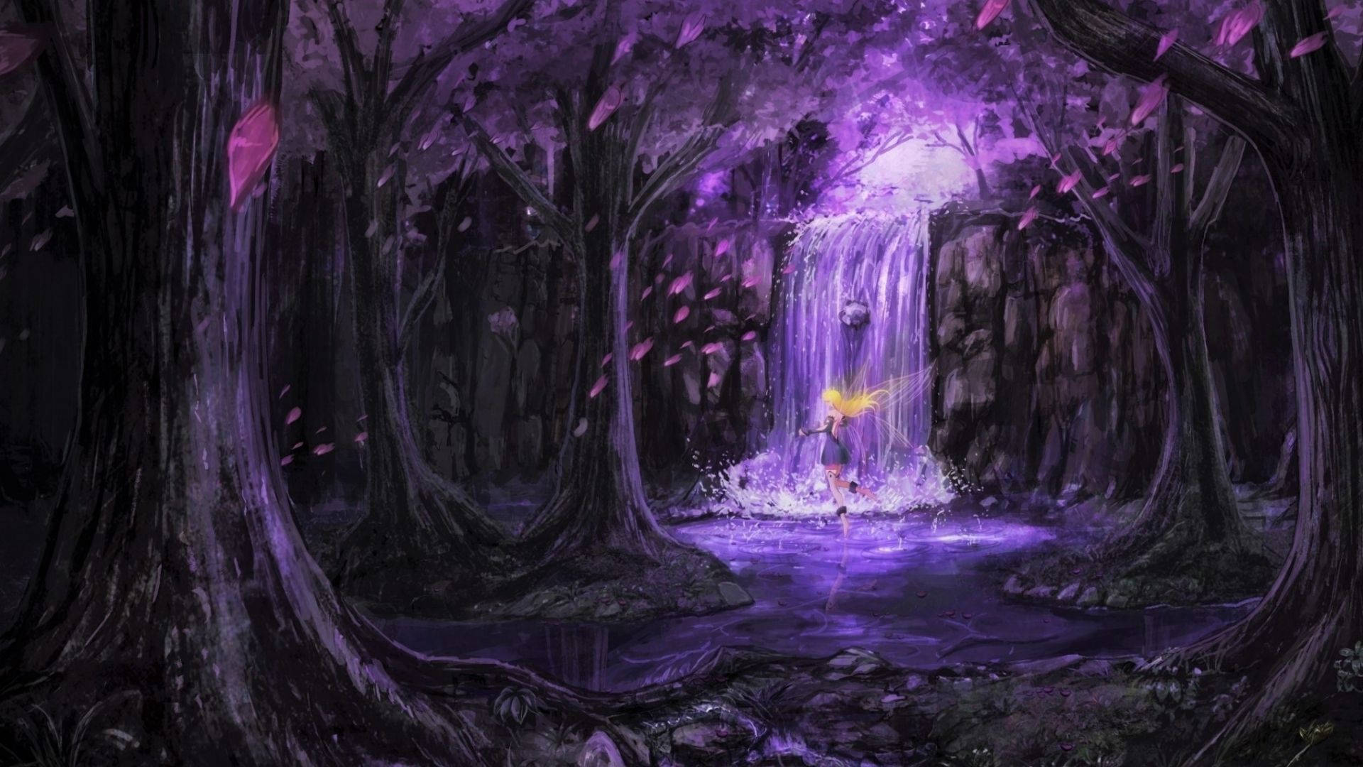 一個發光的精靈站在紫色瀑布下，身處黑暗魔法森林。 — 仙子美學動態圖 壁紙