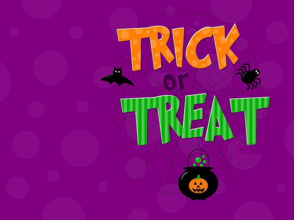 紫色背景上帶有蝙蝠、蜘蛛和大鍋的萬聖節 trick or treat 文字