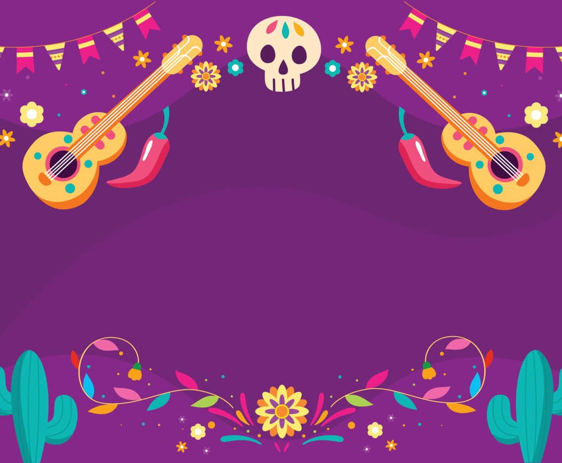 紫色美學 Cinco de Mayo 背景 壁紙 — 充滿活力的紫色背景，飾以色彩繽紛的結他、辣椒、骷髏頭和仙人掌，營造節日墨西哥慶祝氣氛。