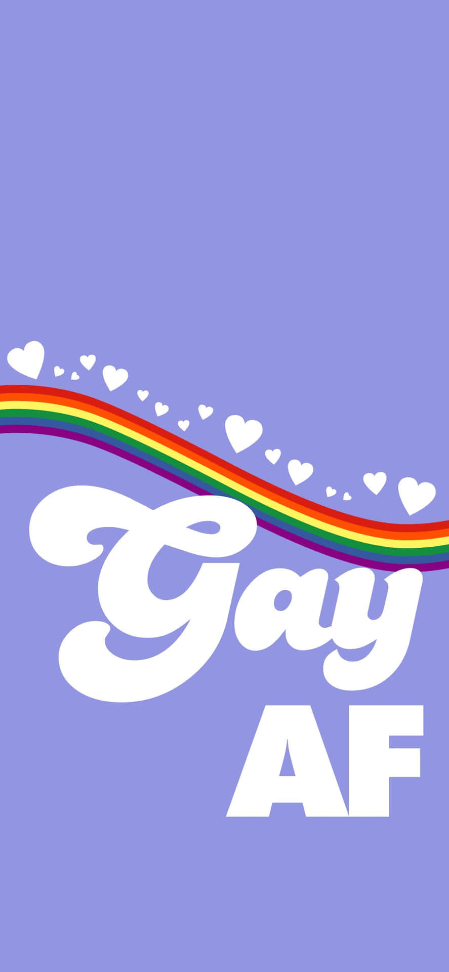 薰衣草背景，帶有彩虹和心形，上方為大膽白色文字 Gay AF