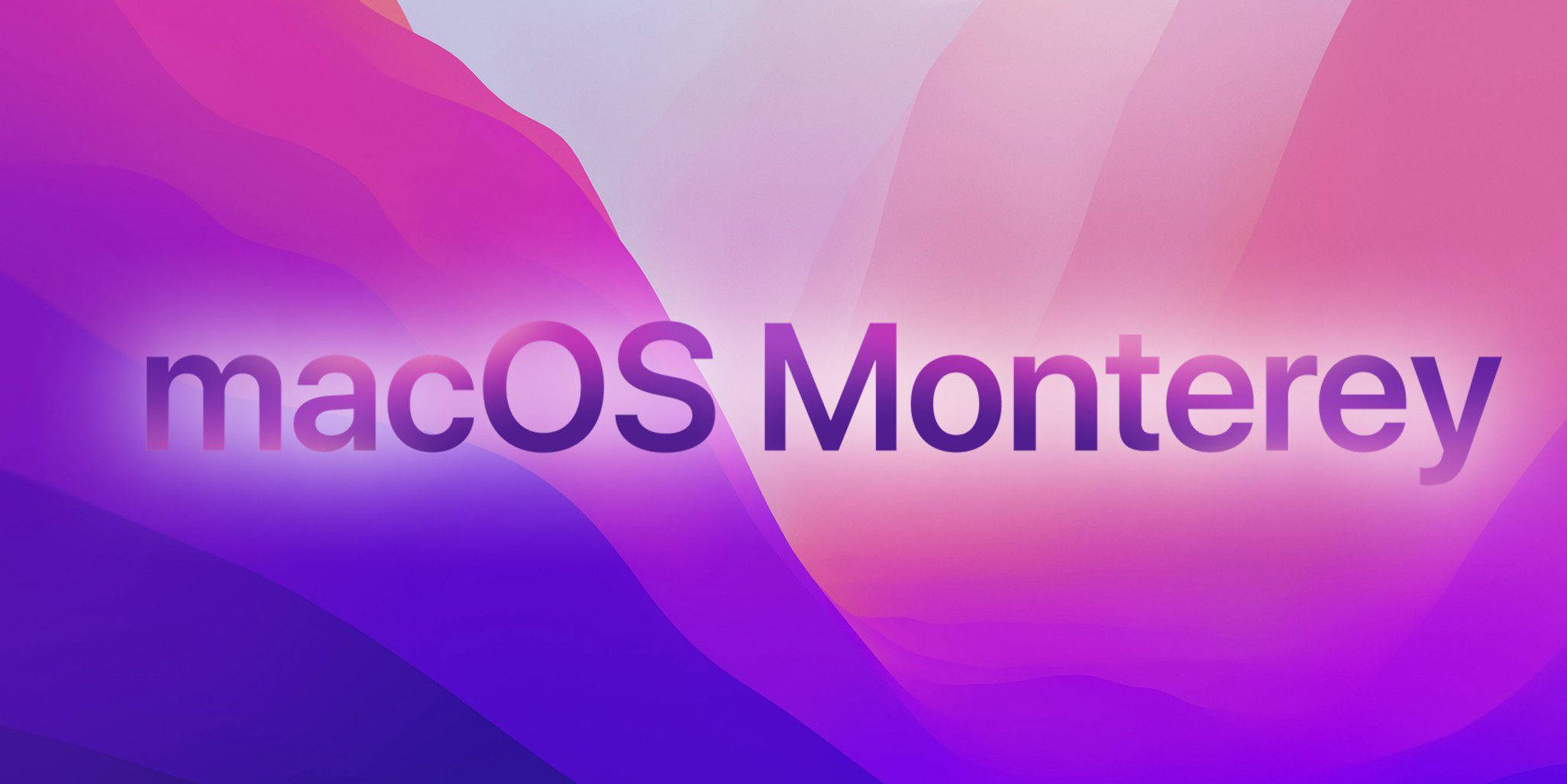 紫色美學 macOS Monterey 壁紙 — macOS Monterey 標誌居中於紫色、粉紅色和洋紅色抽象形狀的流動漸變上。