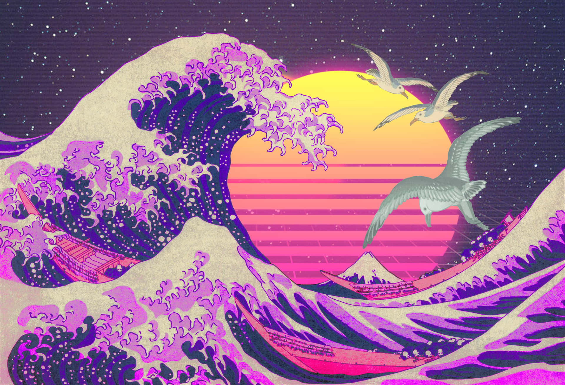 一道風格化的波浪，海鷗在發光的日落之下於星空背景下飛翔。