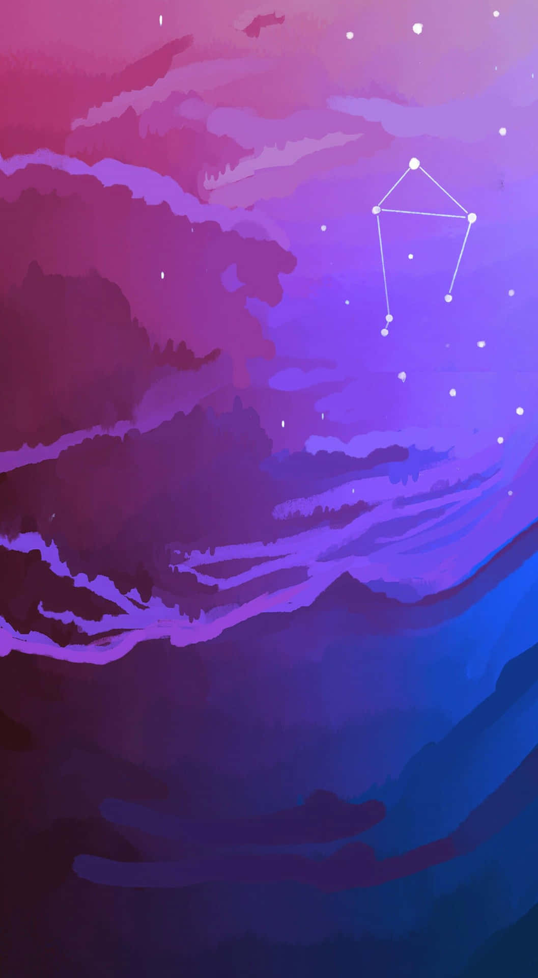 在星空夜空下，帶有可見星座的紫色和藍色山脈。 — 星座 壁紙
