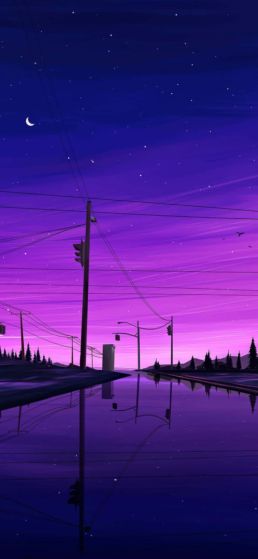 紫色美學城市河景圖 壁紙 — 寧靜的夜景，新月和星星映照在被水淹沒的街道上，反射出鮮豔的紫色和藍色調。