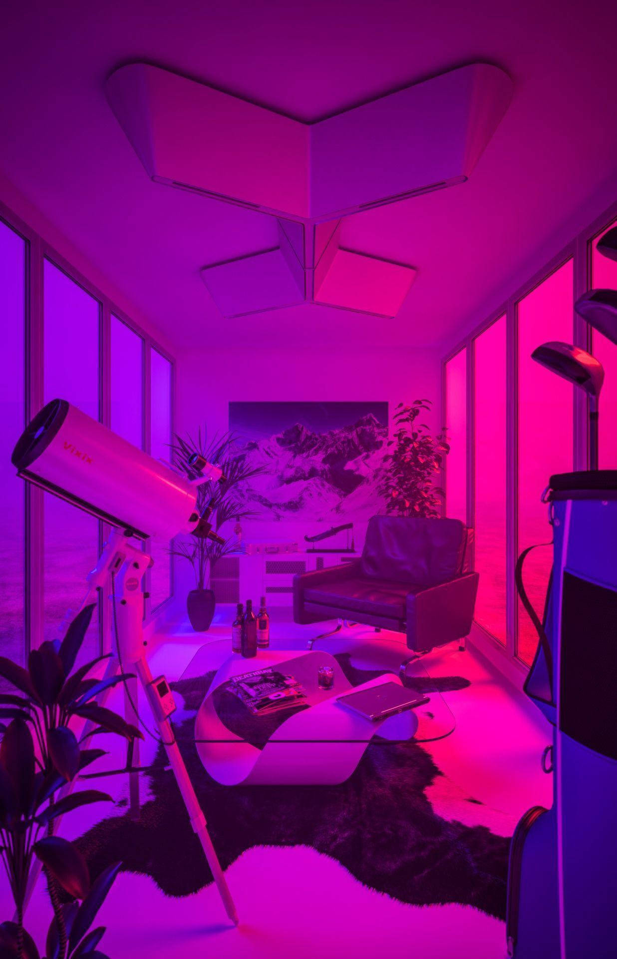 在粉紅紫色光芒下，配有望遠鏡、高爾夫球桿和山脈壁畫的未來主義房間。