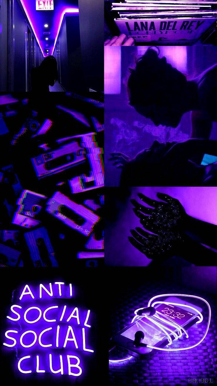 紫色霓虹拼貼畫，包含卡式錄音帶剪影和「Anti Social Social Club」標誌。