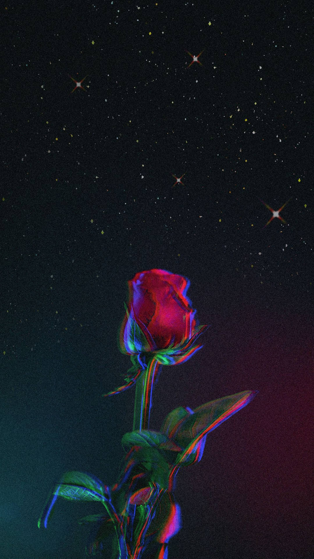 在繁星夜空下，一朵以霓虹色彩發光的玫瑰。