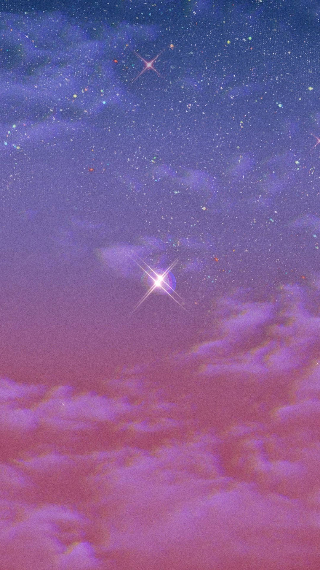 粉彩粉紅色和紫色的天空，充滿閃爍的星星和柔軟的雲朵。
