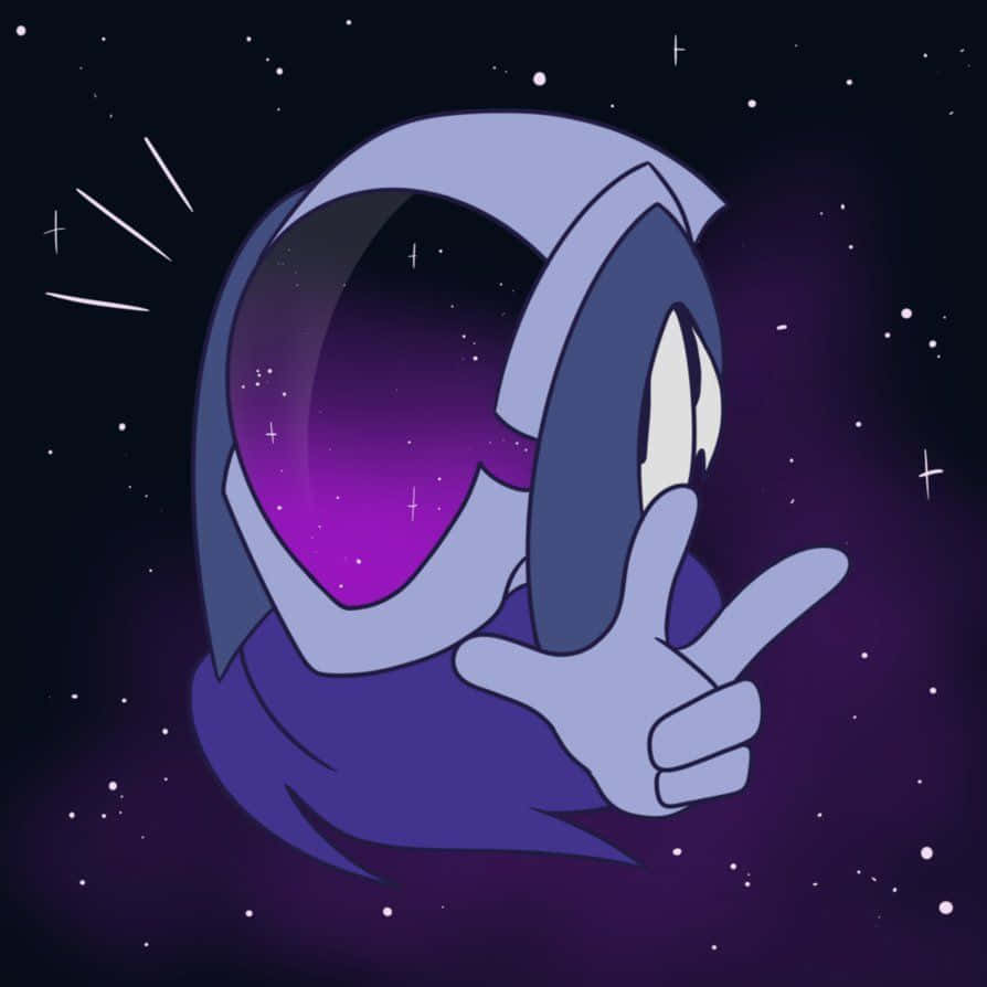 一個紫色卡通太空人在太空中指著觀眾，周圍有星星。