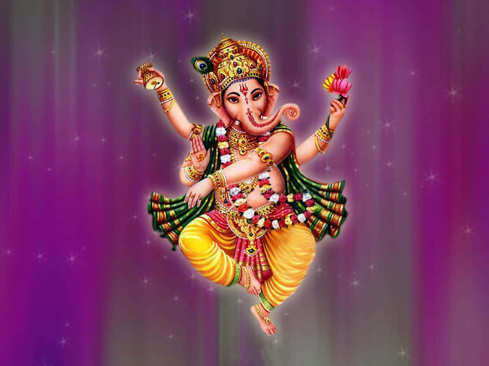 紫色背景 Ganpati Bappa 圖像 壁紙 — 象頭神甘尼沙佩戴金色珠寶和色彩繽紛的服飾，在閃爍的紫色背景下優雅起舞。