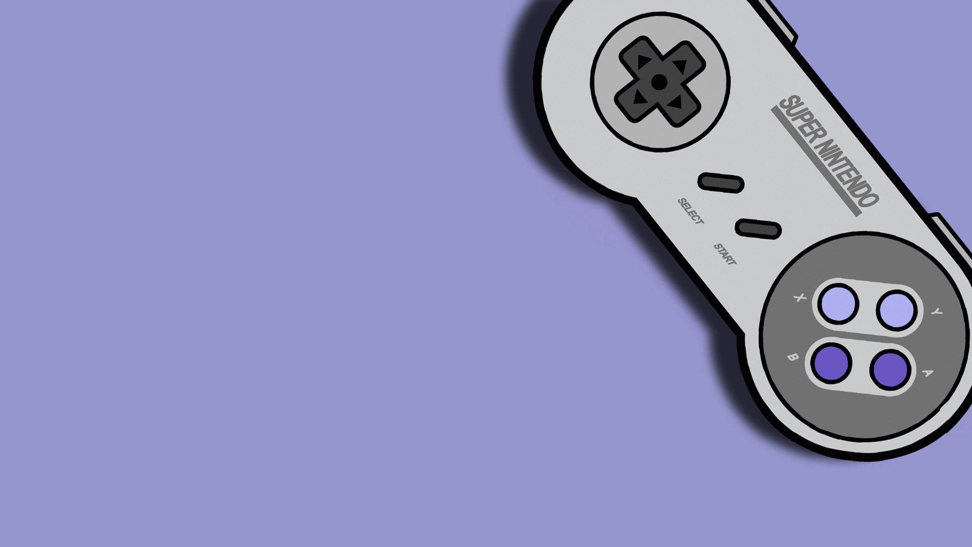 紫色背景 NES 遊戲控制器 壁紙 — 一個經典的 Super Nintendo 控制器斜放在純色薰衣草背景上，帶有柔和陰影。