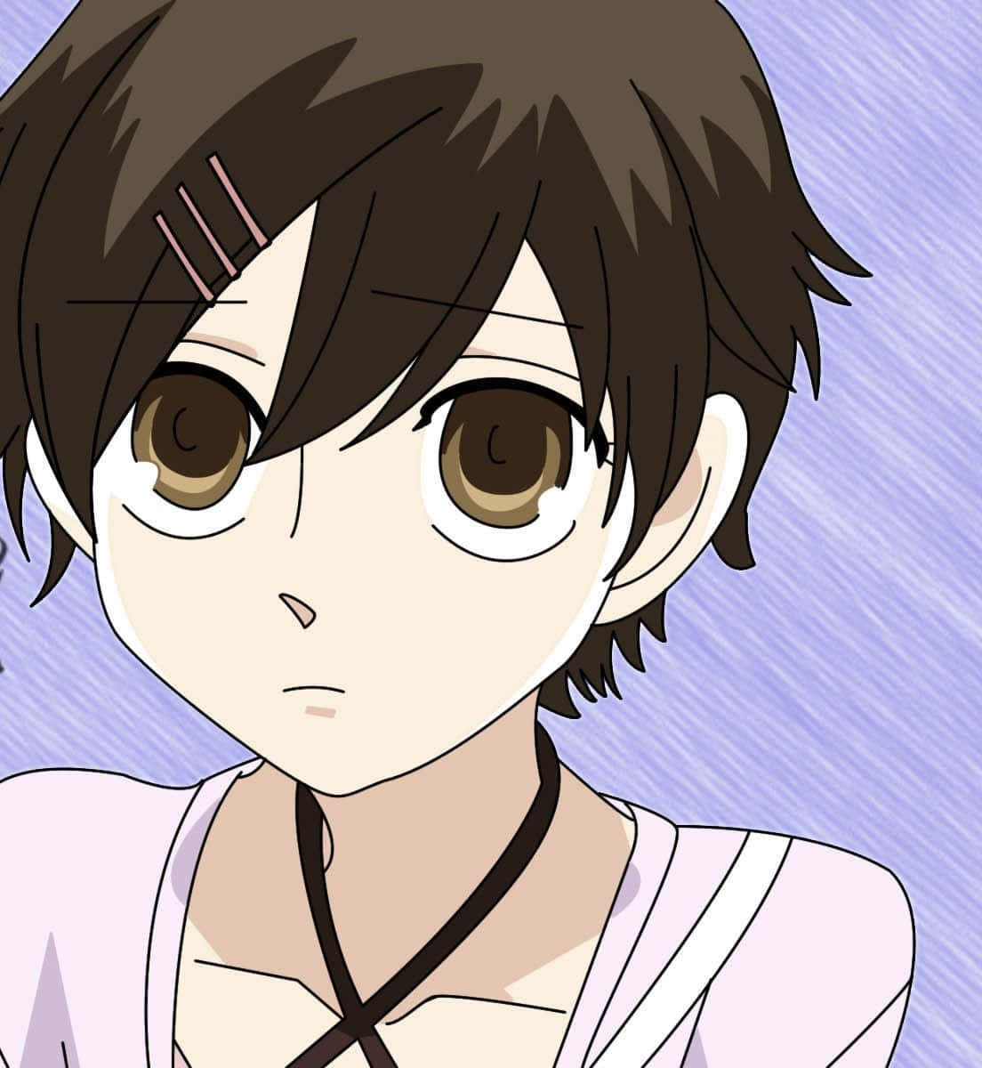 haruhi fujioka 桌布 壁紙 — 紫色背景上，一個擁有棕色頭髮和大而富有表情眼睛的動漫角色的特寫。