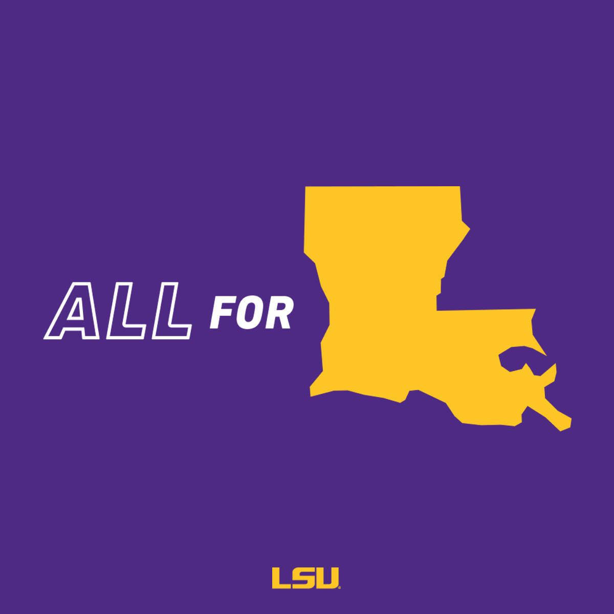 "We're Geauxin' Places!" 壁紙 — 紫色背景上大膽的黃色路易斯安那州輪廓，白色文字寫著「ALL FOR」，底部有黃色「LSU」。