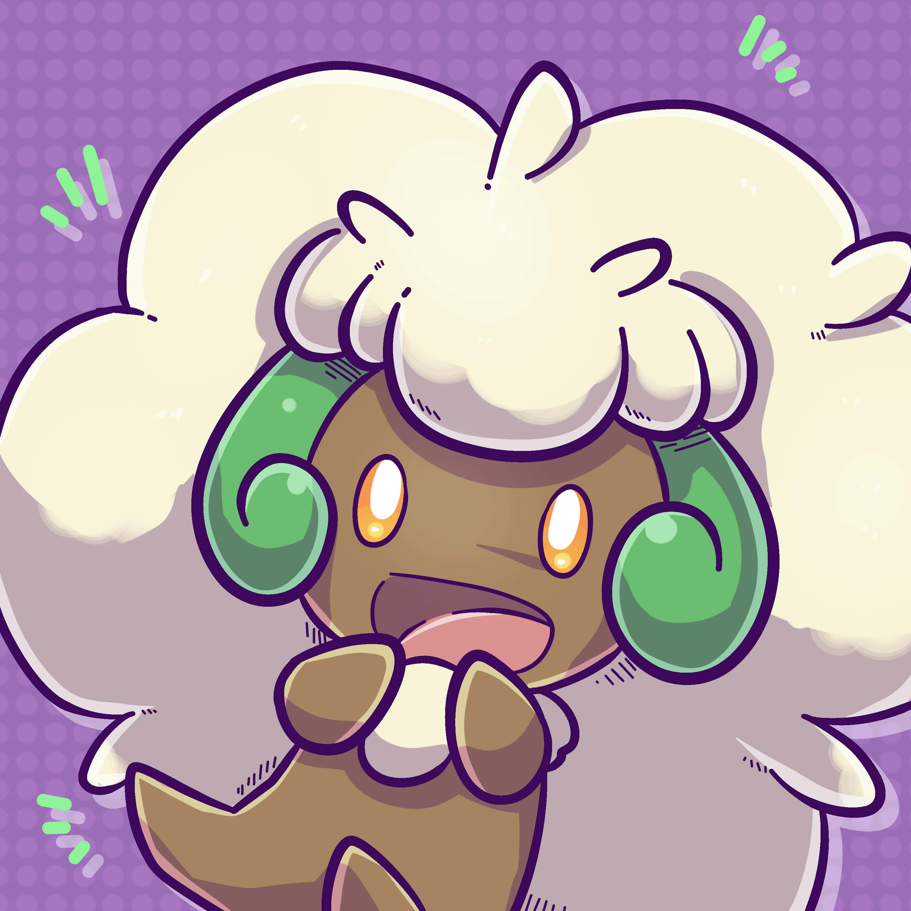 紫色背景上的開心Whimsicott 壁紙 — 一隻可愛的卡通羊寶可夢，擁有蓬鬆的奶油色羊毛和綠色葉子耳朵，在紫色圓點背景前顯得很驚訝。