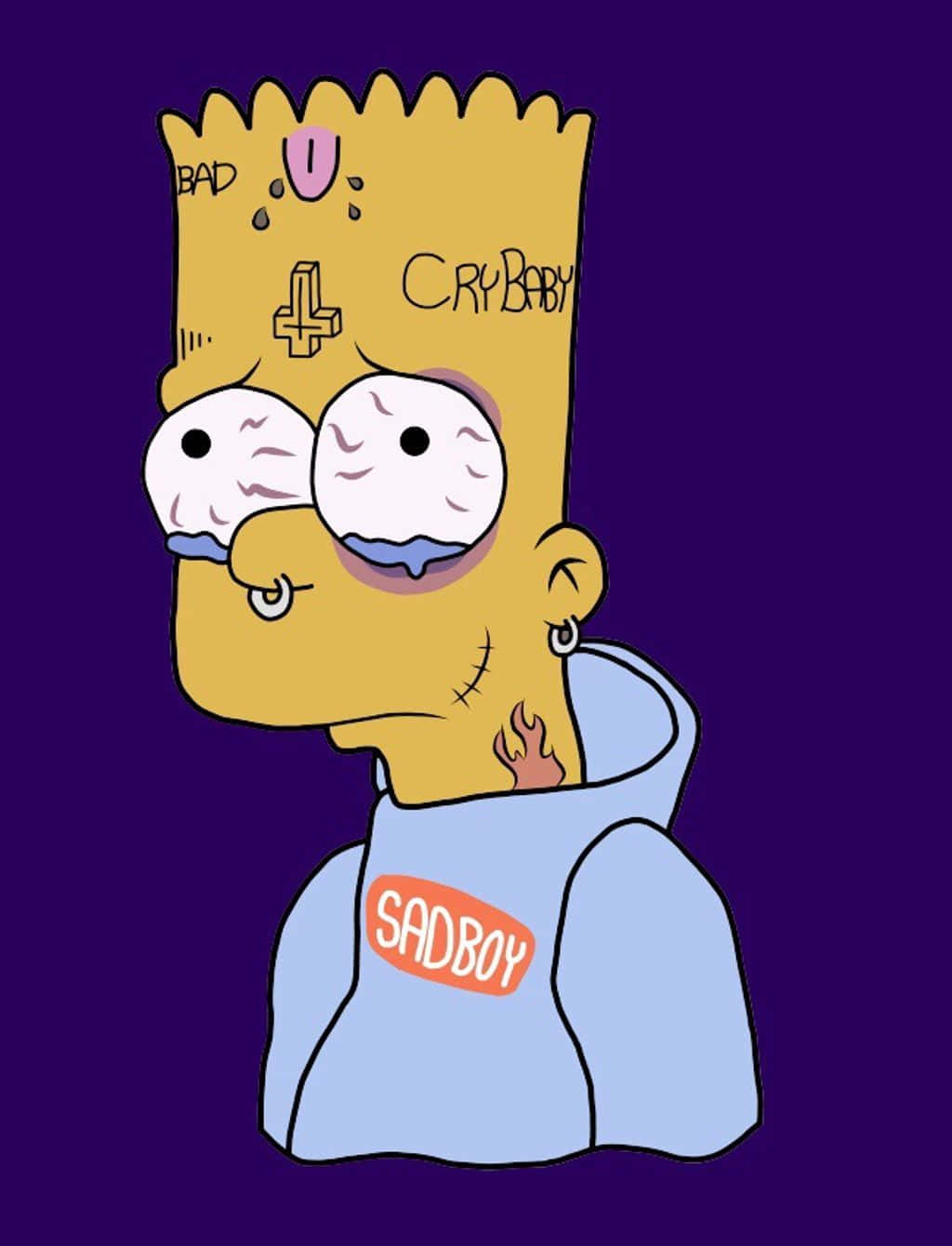 Bart Simpson 身上有紋身和穿環，穿著 'SADBOY' 連帽衫。