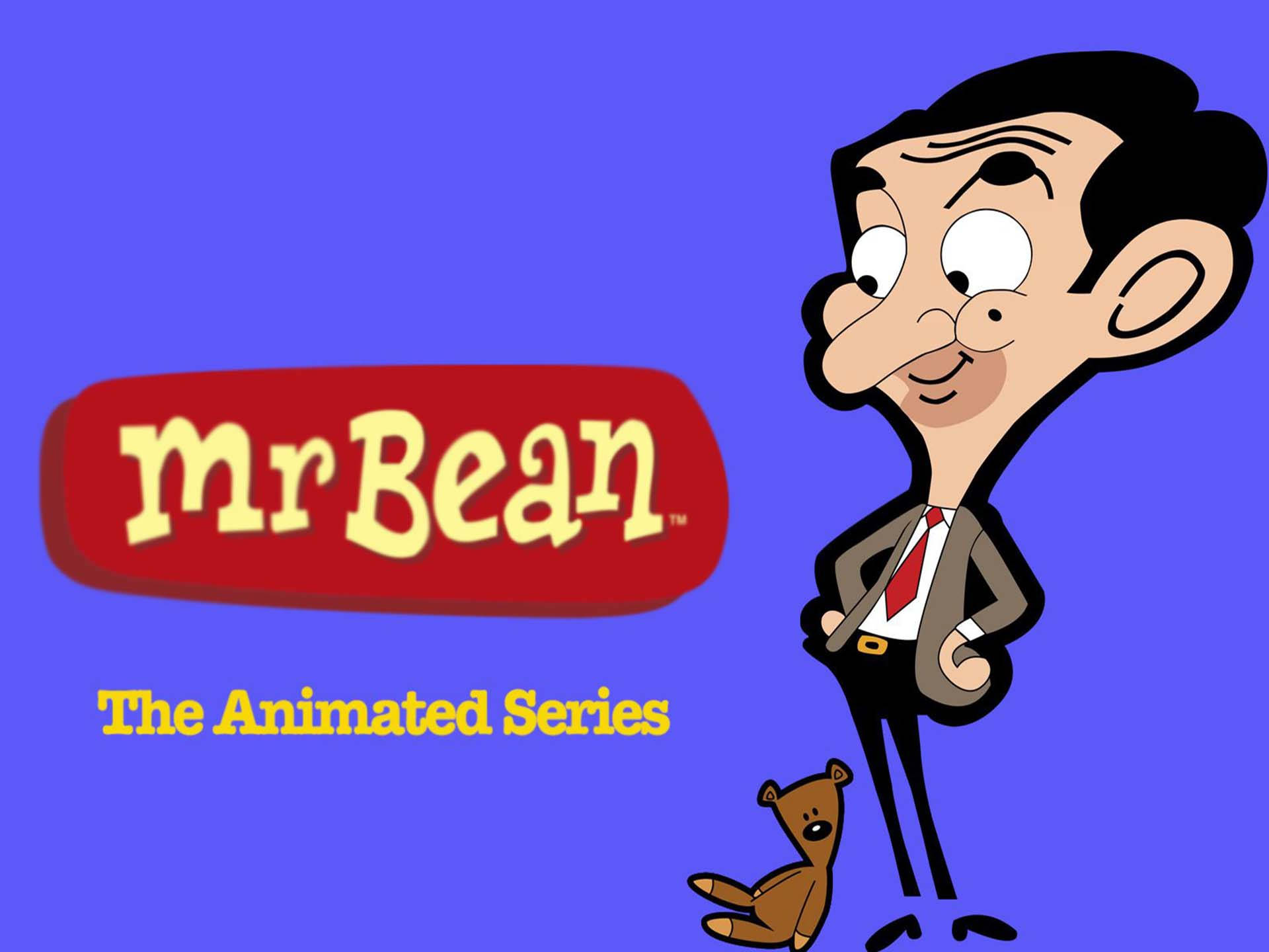 紫色背景憨豆先生插畫 壁紙 — 穿著西裝的Mr Bean卡通角色，與泰迪熊一起在紅色標誌旁邊，背景為純藍色。
