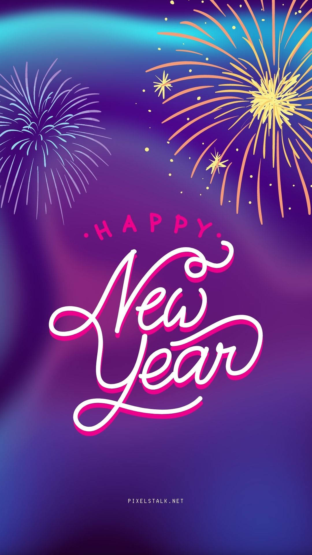 新年煙花表演，在紫色漸變背景上有發光文字。