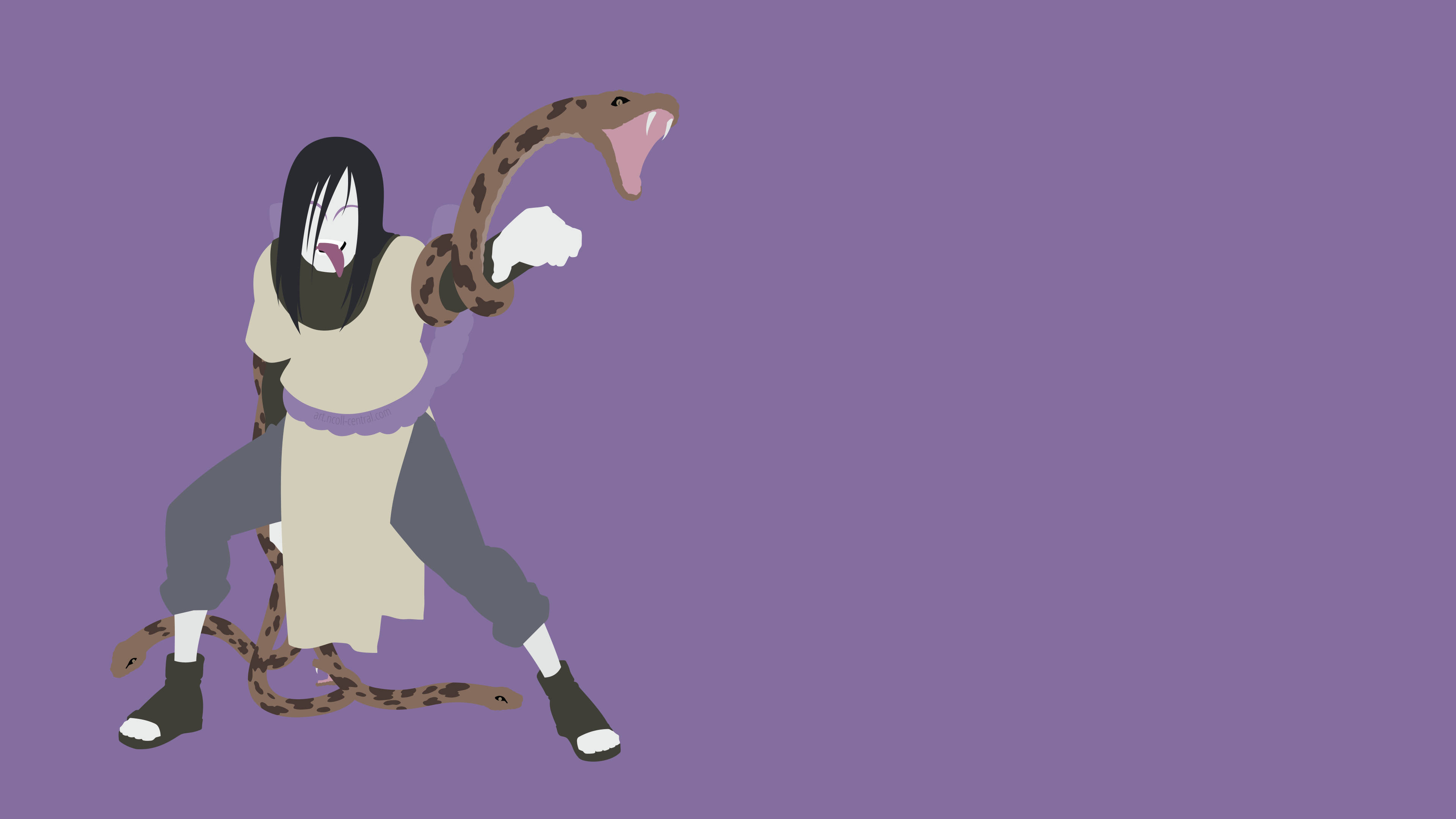 紫色背景的 Orochimaru 與蛇 壁紙 — 一個風格化的動漫角色，黑髮白臉，在純紫色背景上揮舞著一條大棕蛇。