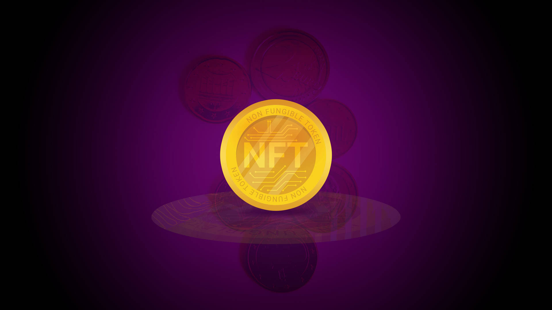 金色NFT硬幣帶有電路設計，漂浮在紫色漸變背景上。