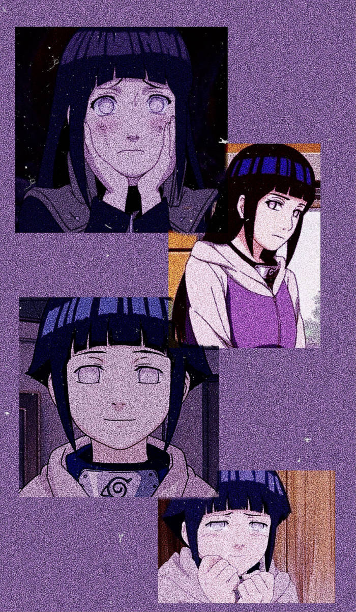 四張動漫女孩肖像在紫色背景的拼貼畫中展現不同表情。