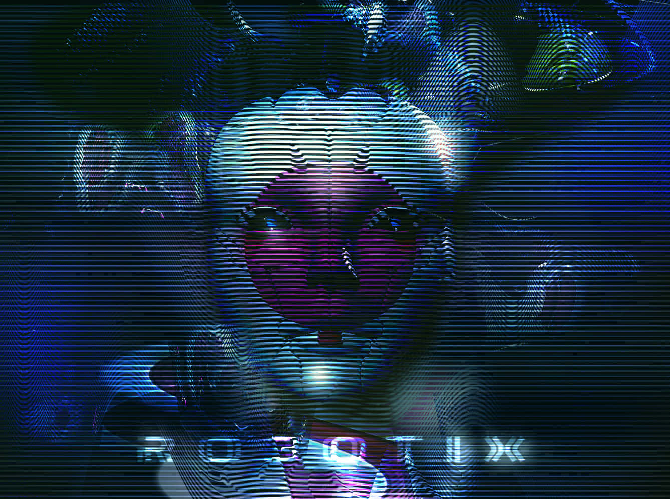 一個帶有發光眼睛和數碼故障效果的扭曲機械人臉。