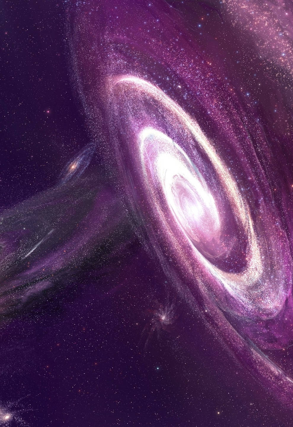 一個發光的紫色螺旋星系，帶有明亮的星星。
