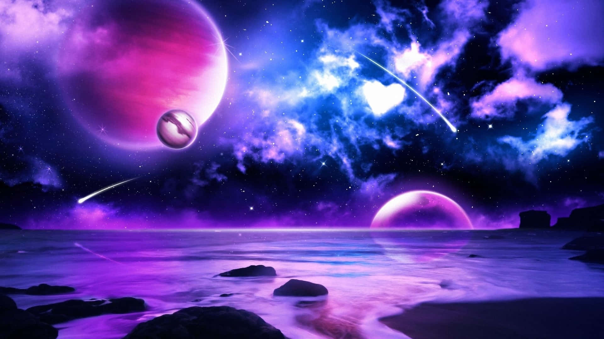 紫色與藍色的太空，點綴著行星與星星 壁紙