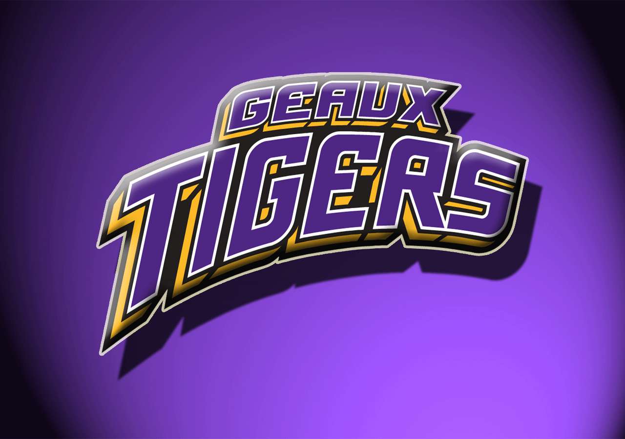 紫色和金色的 Geaux Tigers 運動標誌，3D風格，紫色漸變背景。