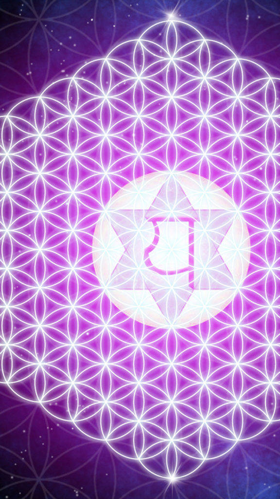 紫色花 iPhone 壁紙 — 一個發光的白色幾何生命之花圖案在深紫色宇宙背景上放射，帶有星狀斑點。