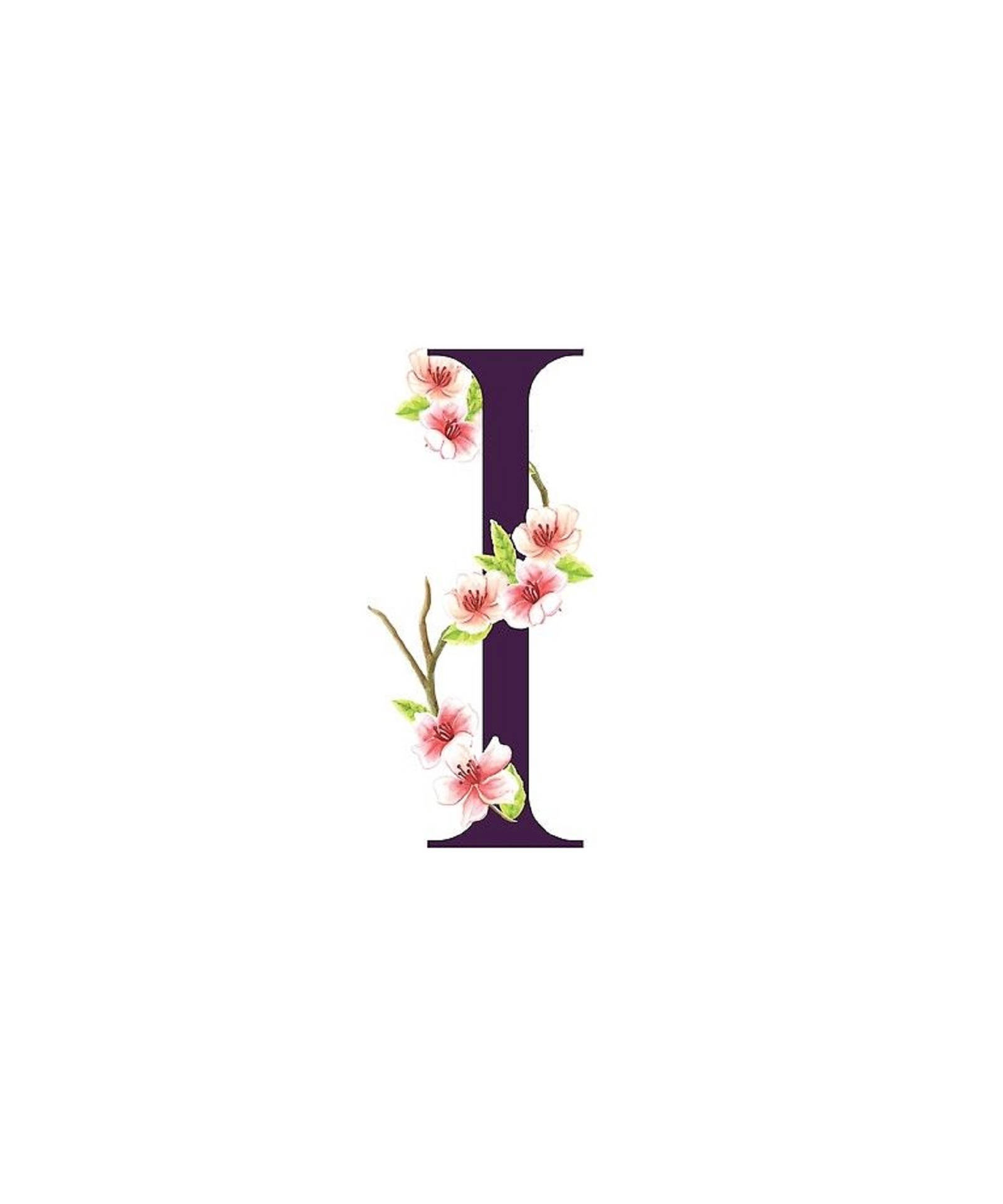 裝飾字母 I，帶有粉紅色櫻花和綠色葉子。
