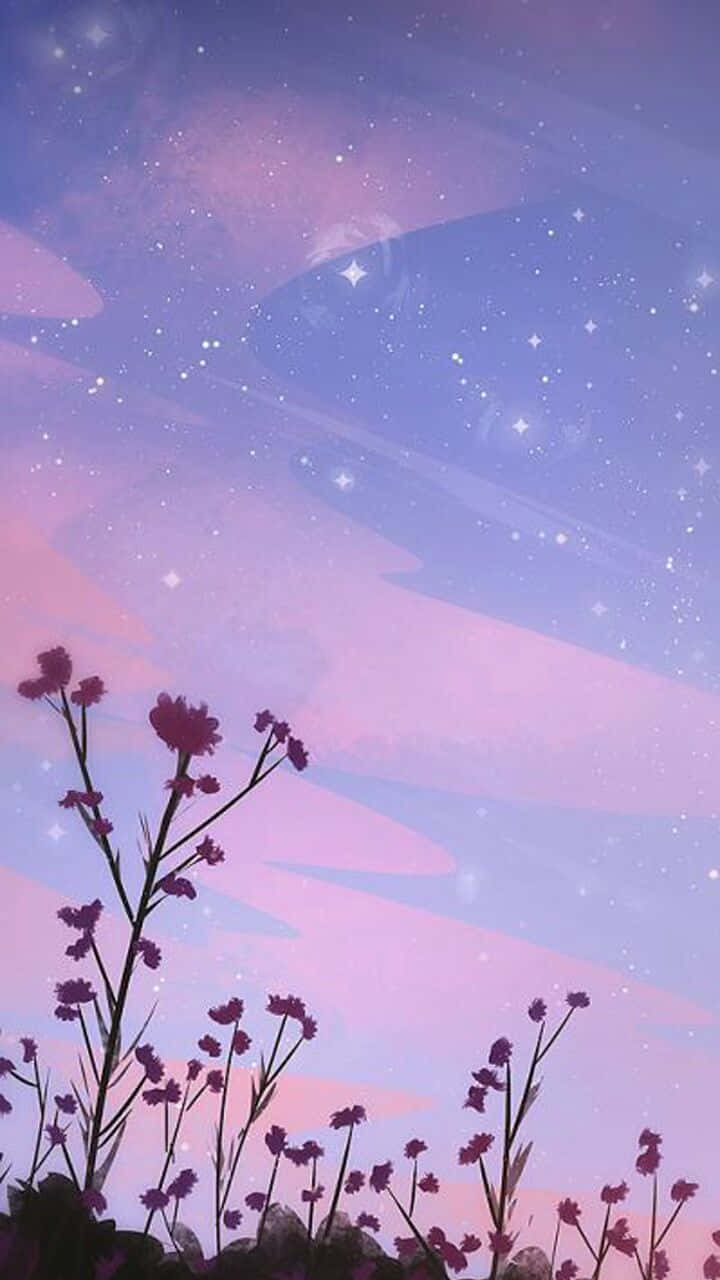Gambar 桌布 壁紙 — 紫色花朵剪影，襯托夢幻星空暮色天空，帶柔和粉彩漸變。